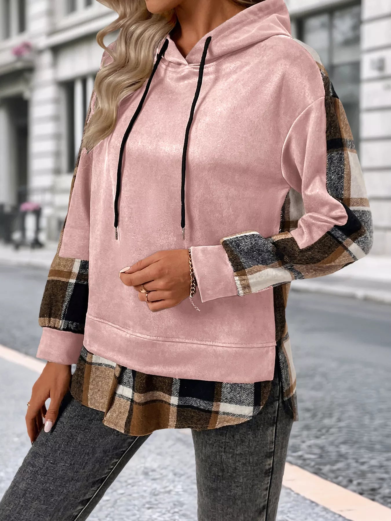 Plaid Drawstring Long Sleeve Hoodie - PBNJ FASHIONS