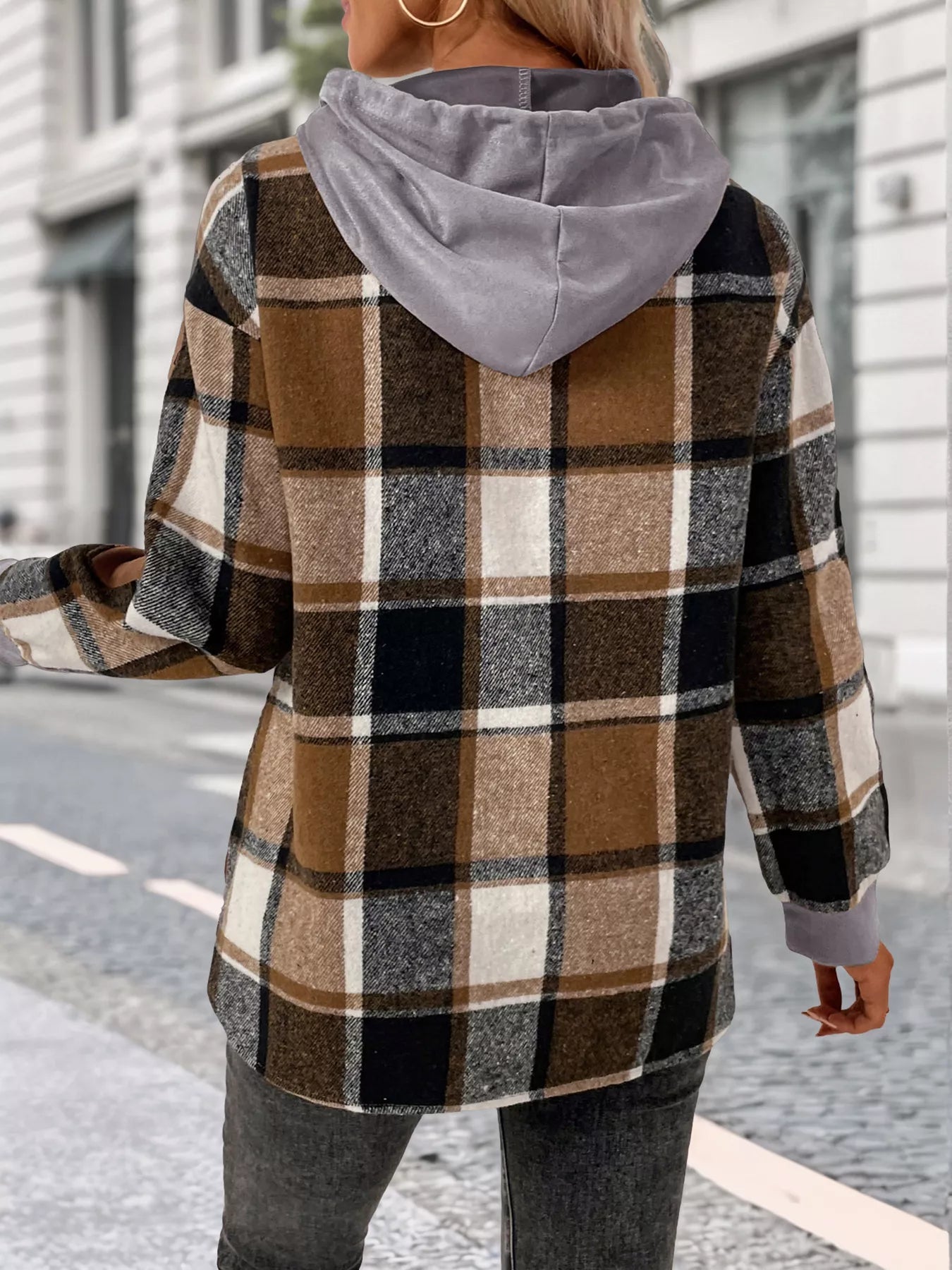 Plaid Drawstring Long Sleeve Hoodie - PBNJ FASHIONS