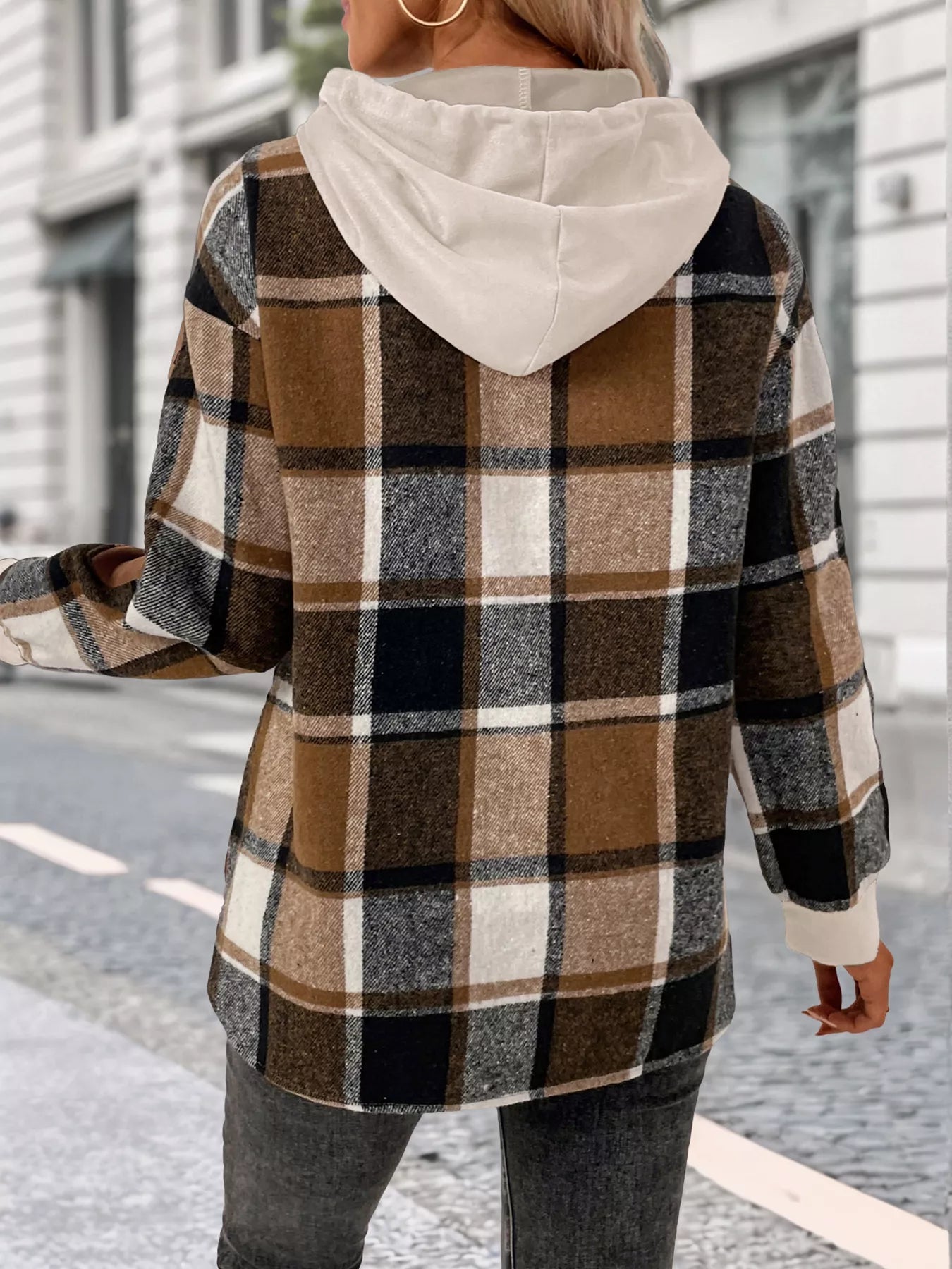 Plaid Drawstring Long Sleeve Hoodie - PBNJ FASHIONS