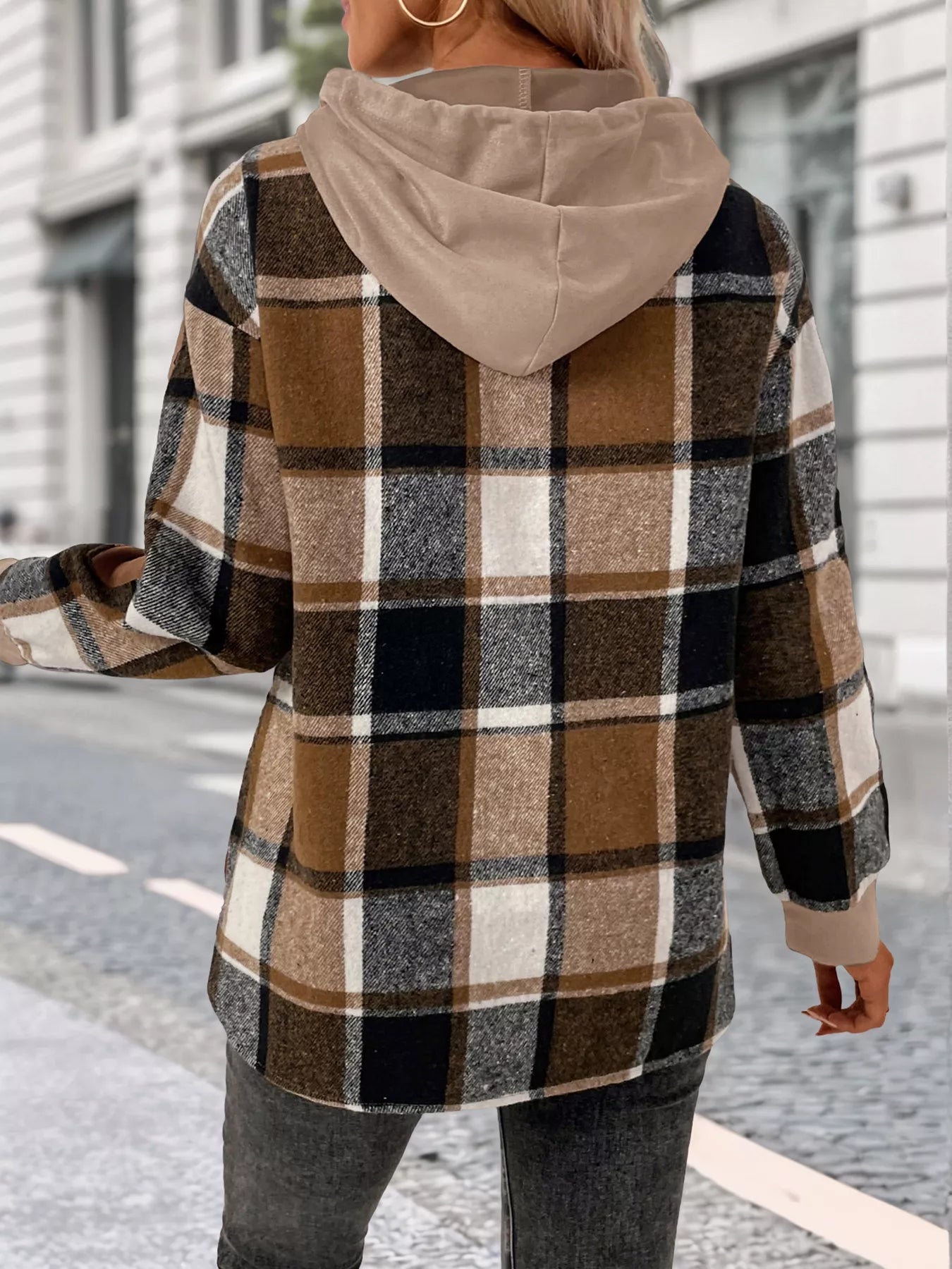 Plaid Drawstring Long Sleeve Hoodie - PBNJ FASHIONS
