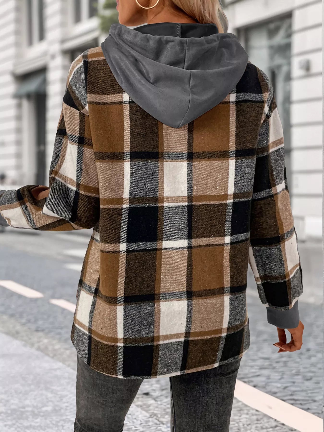 Plaid Drawstring Long Sleeve Hoodie - PBNJ FASHIONS