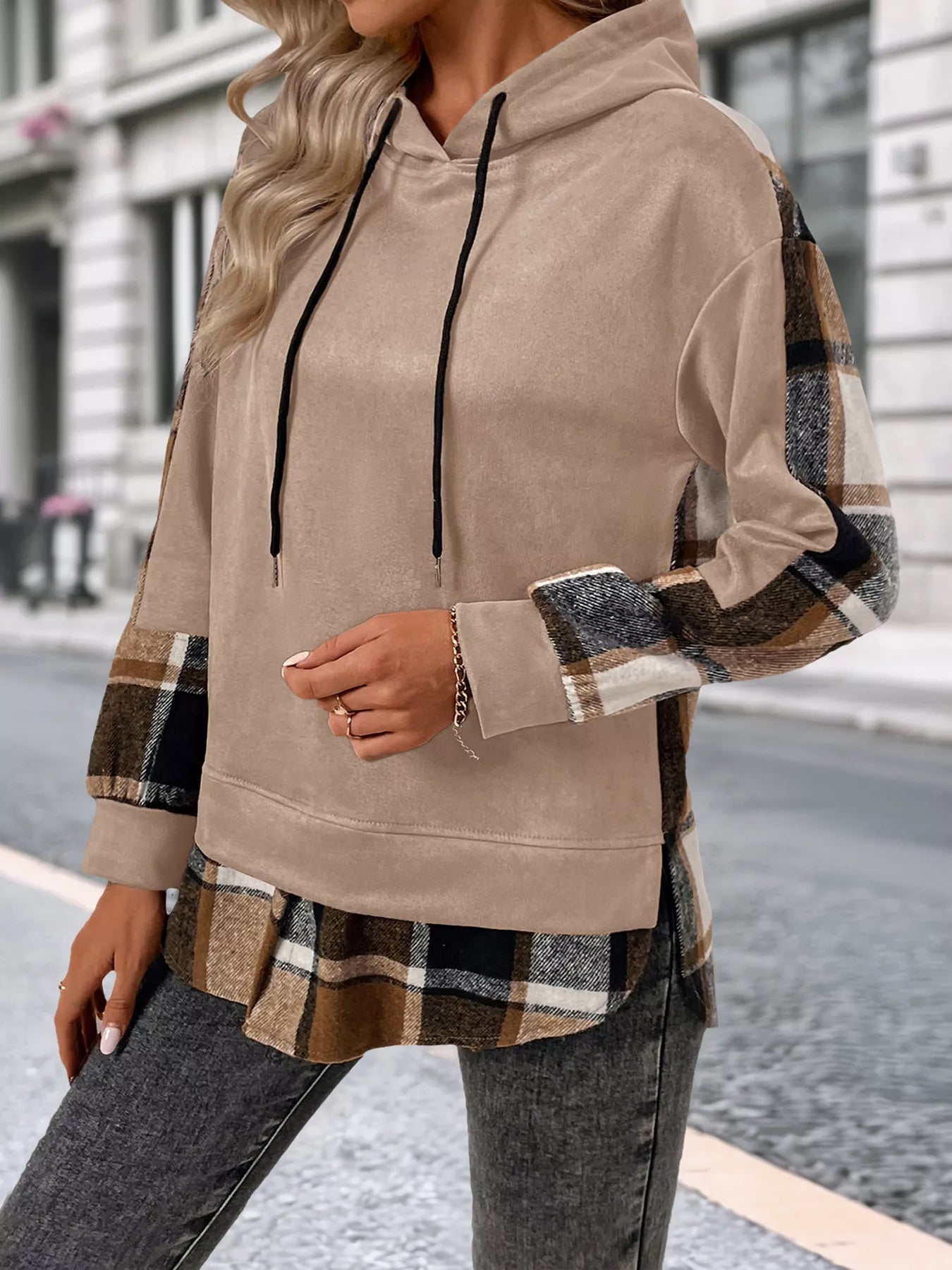 Plaid Drawstring Long Sleeve Hoodie - PBNJ FASHIONS