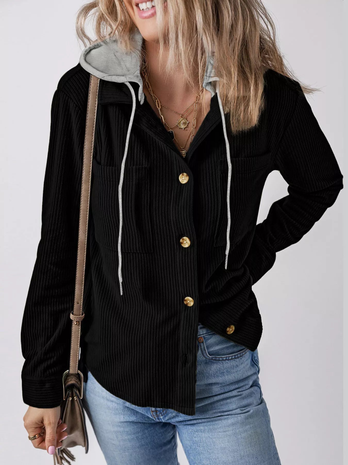 Plus Size Casual Corduroy Button - Down Hooded Jacket - PBNJ FASHIONS