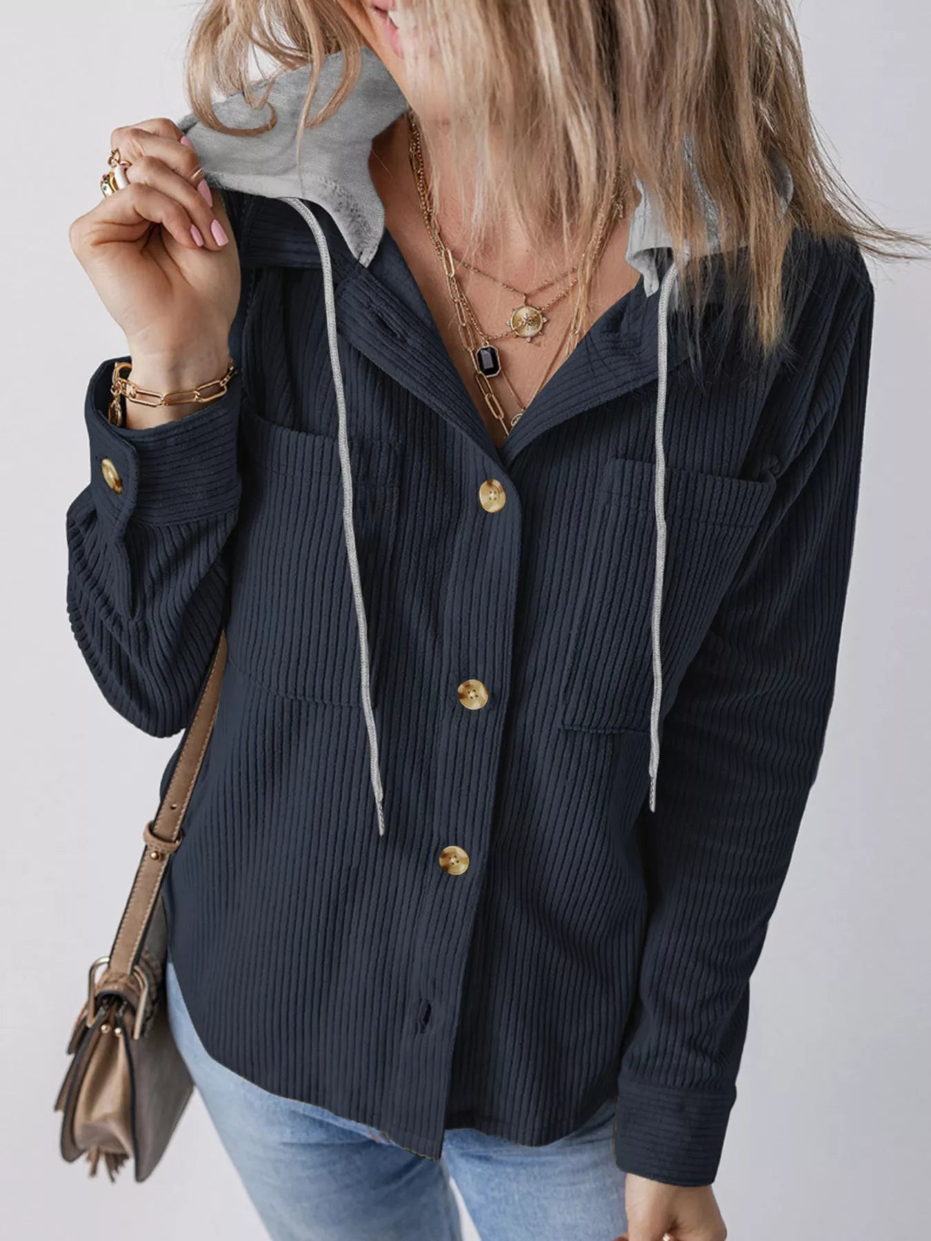 Plus Size Casual Corduroy Button - Down Hooded Jacket - PBNJ FASHIONS