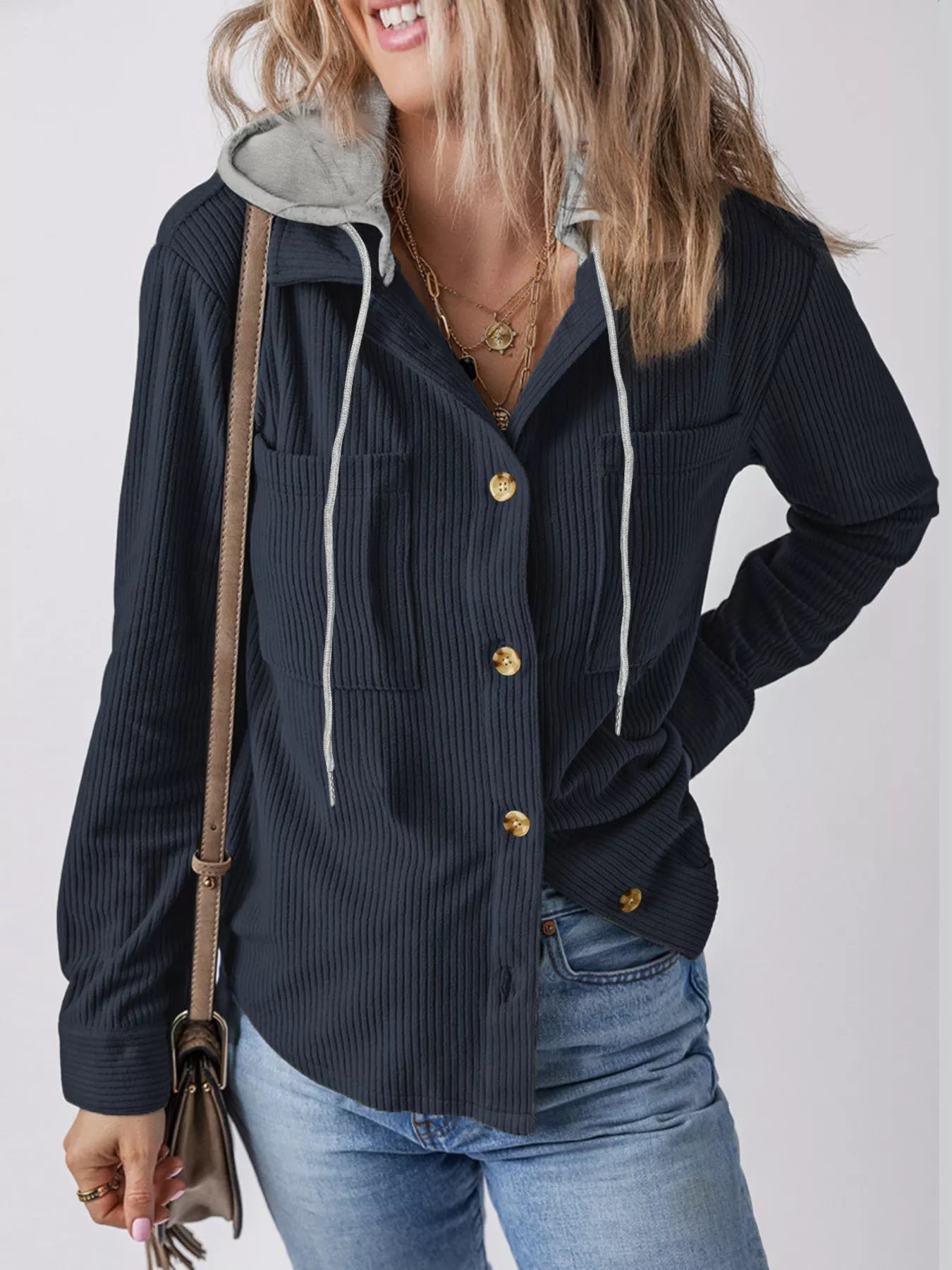 Plus Size Casual Corduroy Button - Down Hooded Jacket - PBNJ FASHIONS