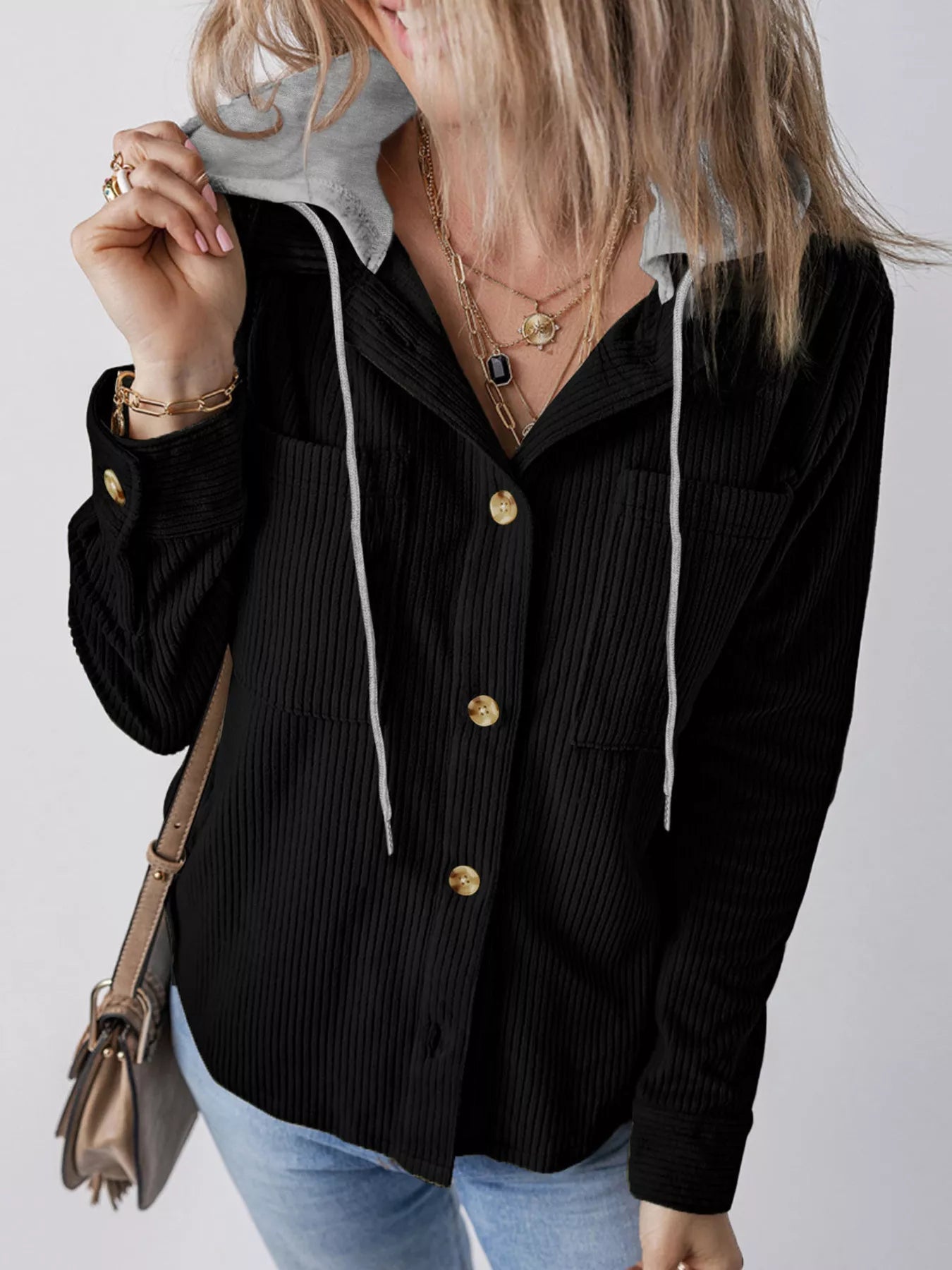 Plus Size Casual Corduroy Button - Down Hooded Jacket - PBNJ FASHIONS