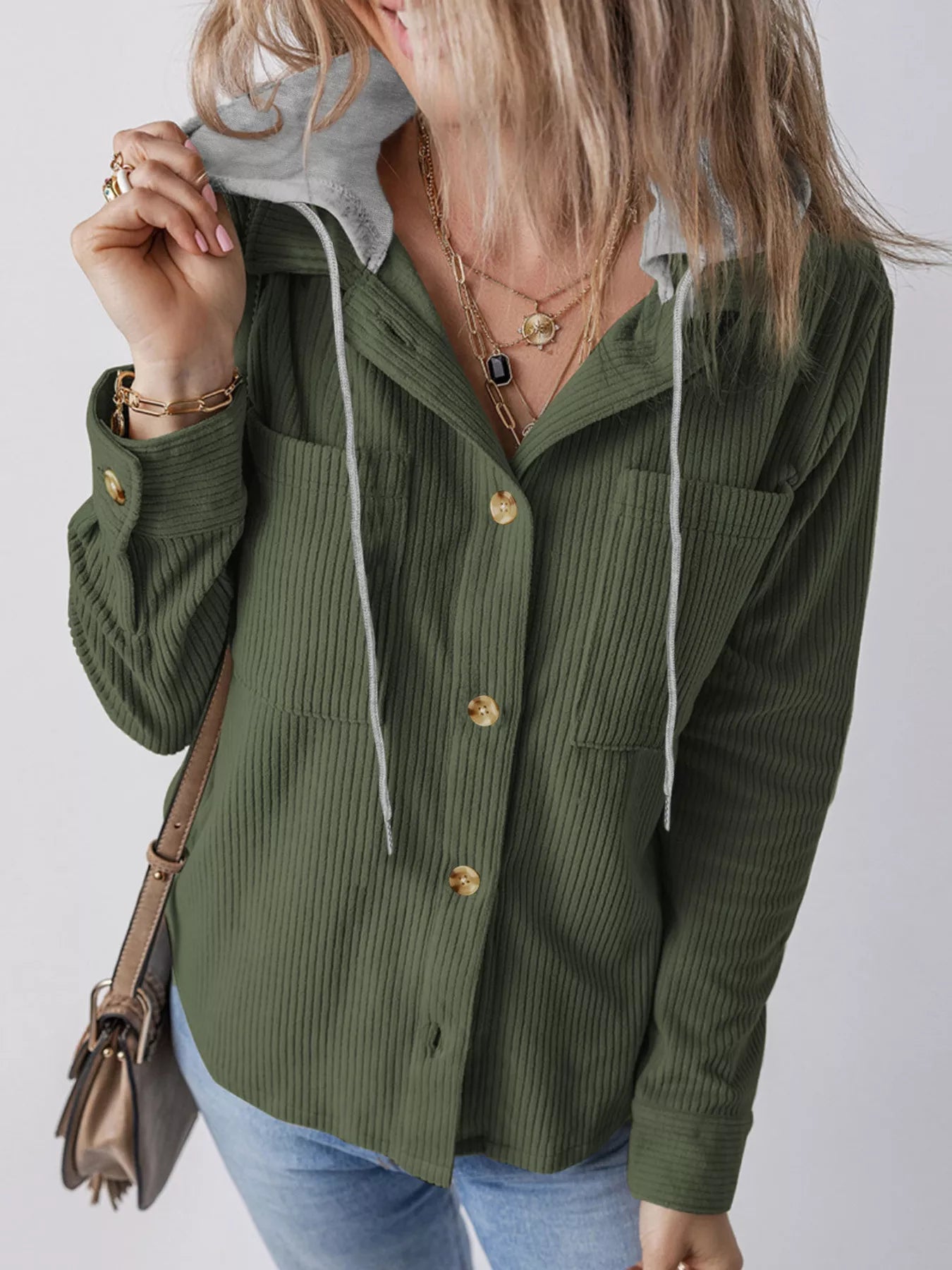 Plus Size Casual Corduroy Button - Down Hooded Jacket - PBNJ FASHIONS