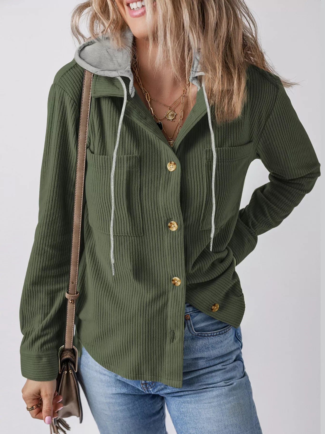 Plus Size Casual Corduroy Button - Down Hooded Jacket - PBNJ FASHIONS