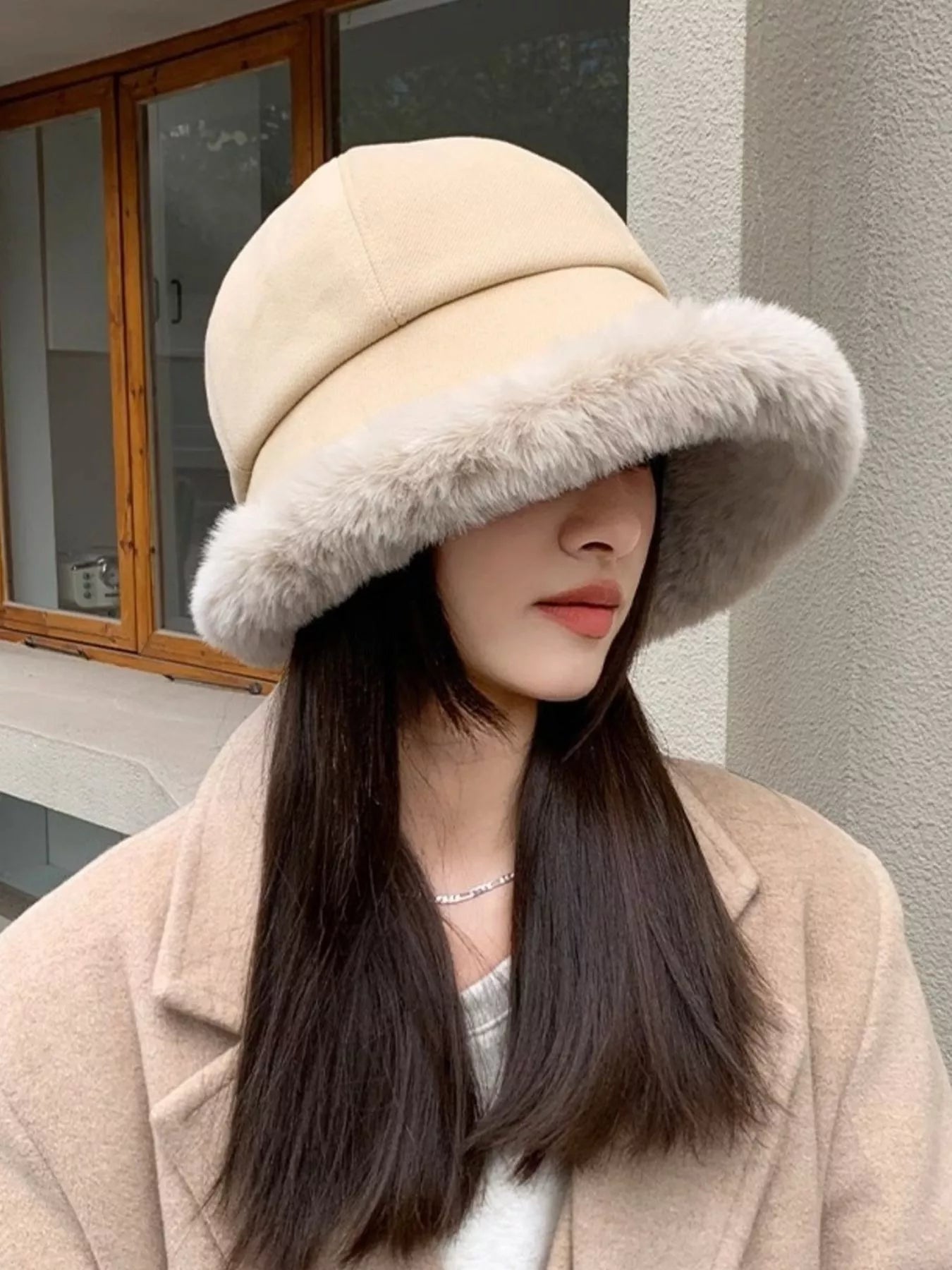 Plush Fuzzy Trim Bucket Hat for Cold Winter Days - Stylish & Warm Headwear in Multiple Colors - Khaki-One Size