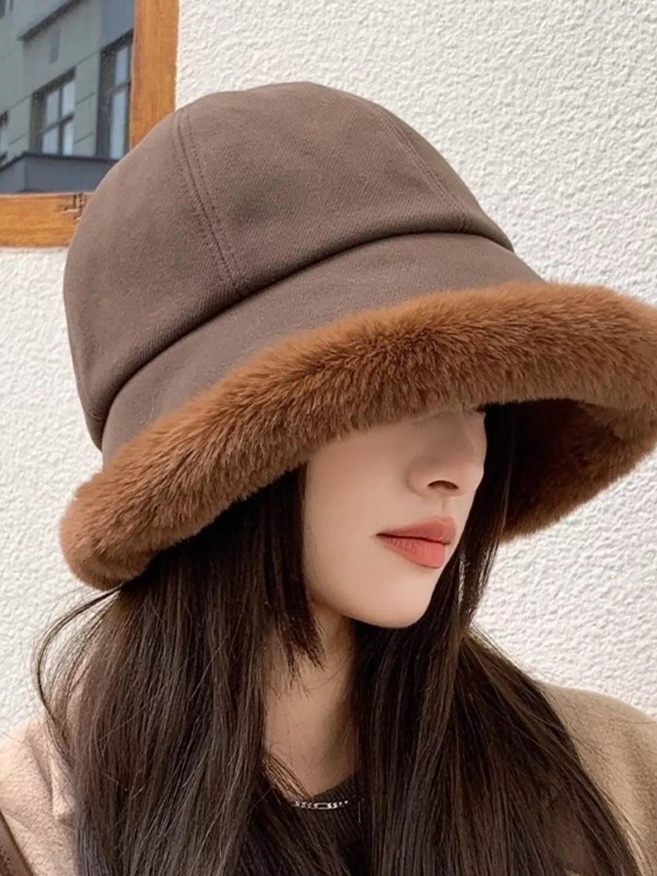 Plush Fuzzy Trim Bucket Hat for Cold Winter Days - Stylish & Warm Headwear in Multiple Colors - Deep Coffee-One Size