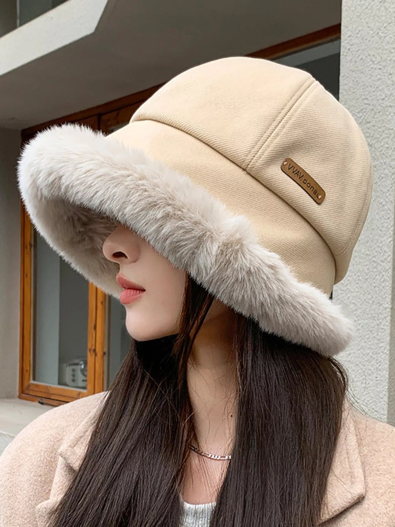 Plush Fuzzy Trim Bucket Hat for Cold Winter Days - Stylish & Warm Headwear in Multiple Colors - Khaki-One Size