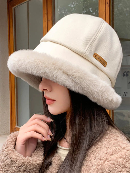 Plush Fuzzy Trim Bucket Hat for Cold Winter Days - Stylish & Warm Headwear in Multiple Colors - Beige-One Size