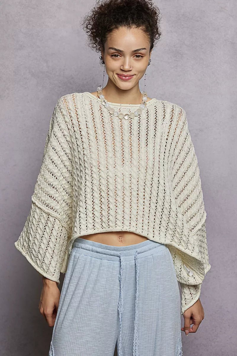 POL Cable - Knit Openwork Round Neck Cropped Sweater - PBNJ FASHIONS