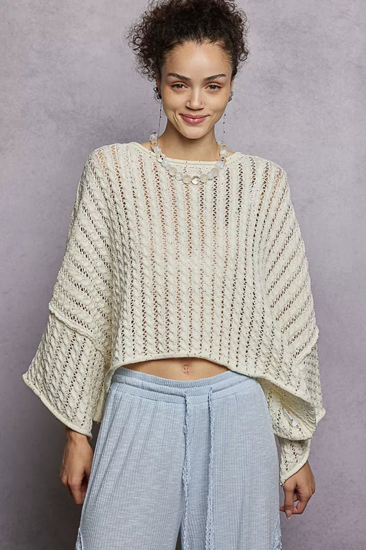 POL Cable - Knit Openwork Round Neck Cropped Sweater - PBNJ FASHIONS