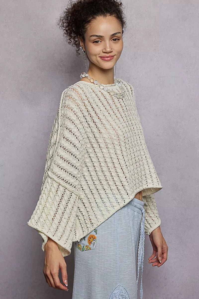 POL Cable - Knit Openwork Round Neck Cropped Sweater - PBNJ FASHIONS