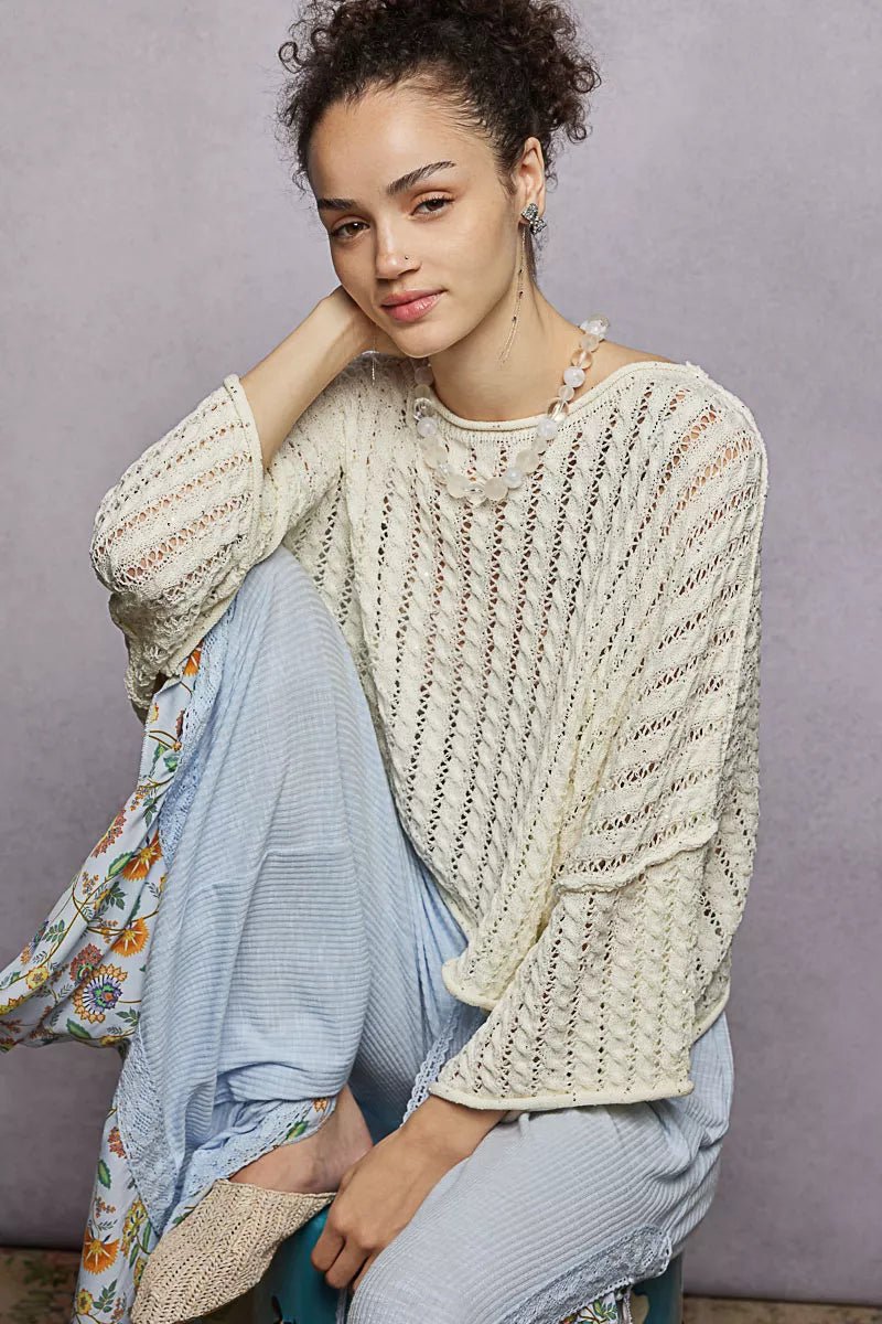 POL Cable - Knit Openwork Round Neck Cropped Sweater - PBNJ FASHIONS