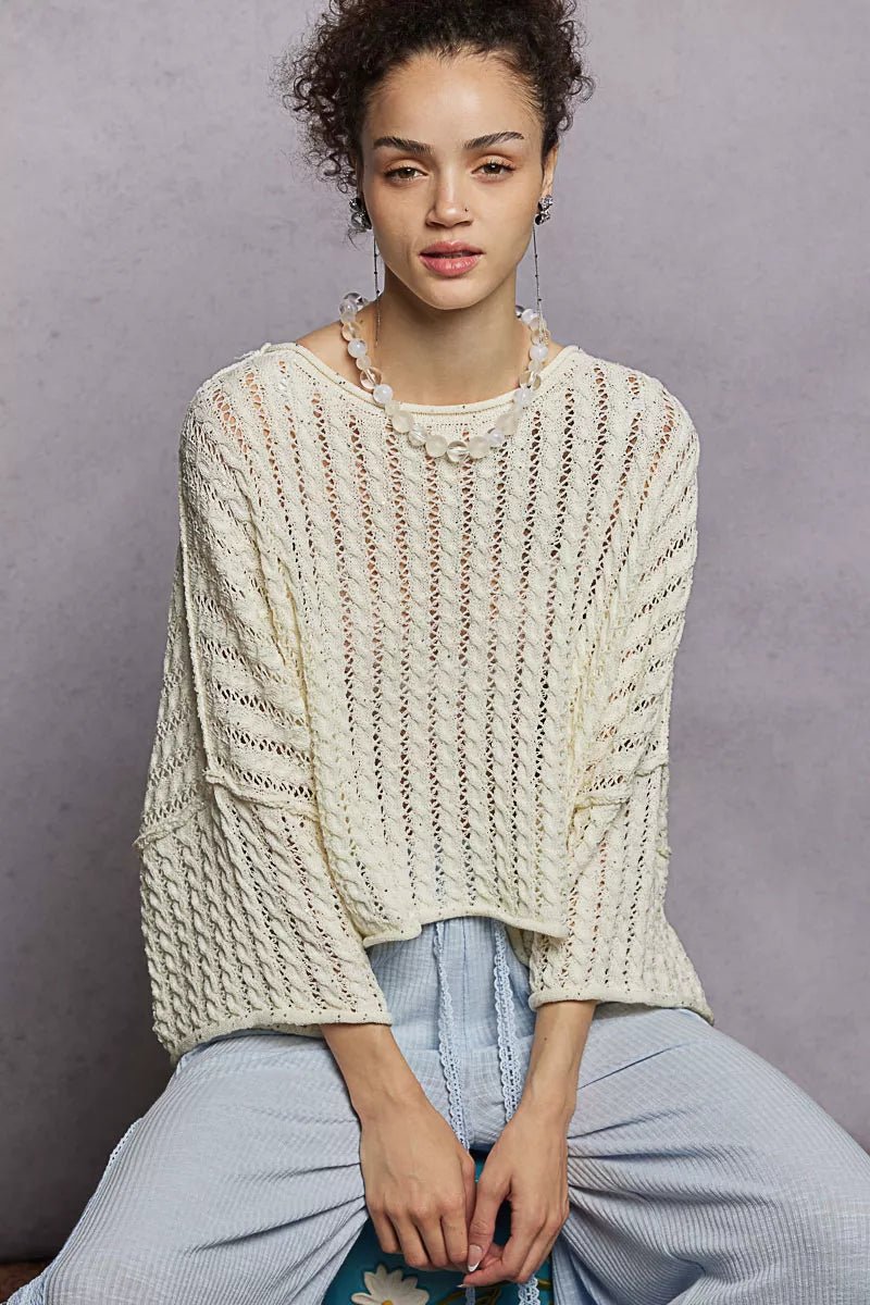 POL Cable - Knit Openwork Round Neck Cropped Sweater - PBNJ FASHIONS