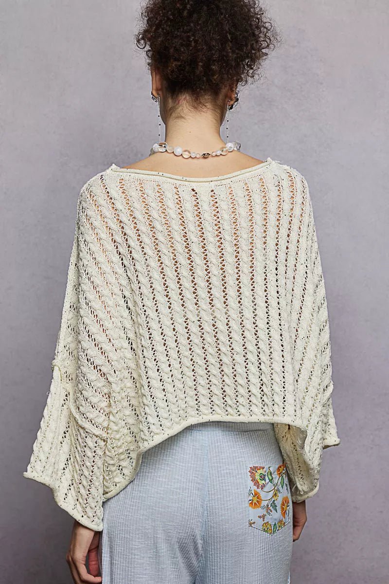 POL Cable - Knit Openwork Round Neck Cropped Sweater - PBNJ FASHIONS
