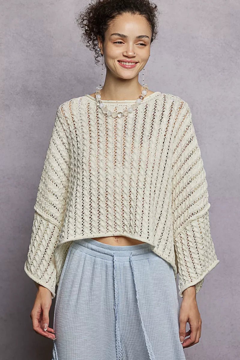 POL Cable - Knit Openwork Round Neck Cropped Sweater - PBNJ FASHIONS