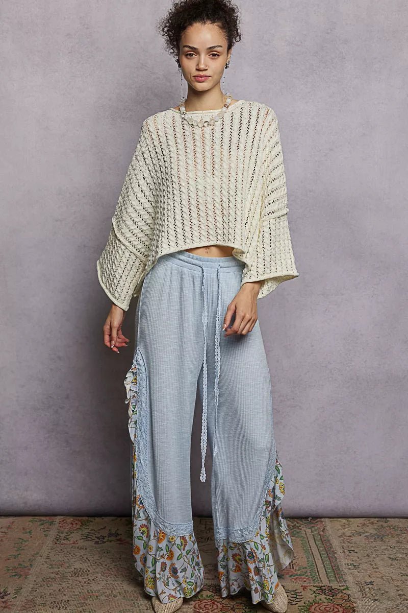 POL Cable - Knit Openwork Round Neck Cropped Sweater - PBNJ FASHIONS
