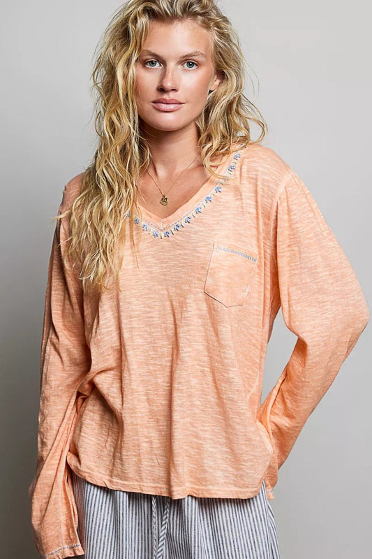 POL Contrast Stitch V-Neck Lightweight Knit Long Sleeve Top - PBNJ FASHIONS