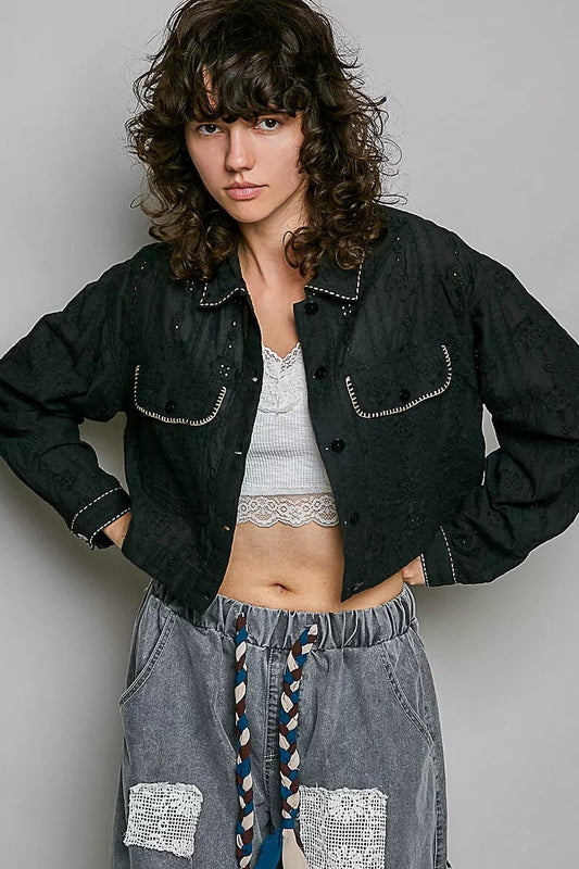 POL Cropped Button-Front Eyelet Cotton Jacket - PBNJ FASHIONS