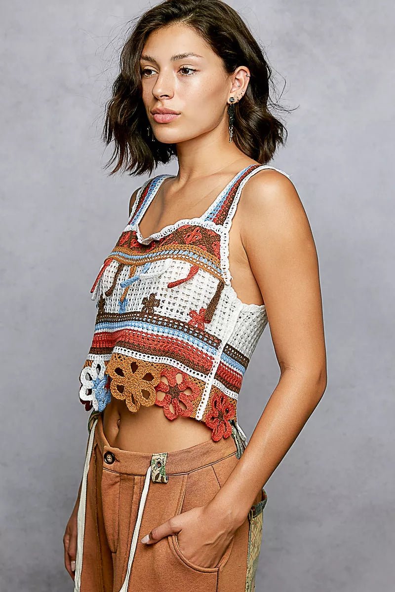 POL Cutout Flower Cropped Crochet Cami with with Dangle Detail - PBNJ FASHIONS