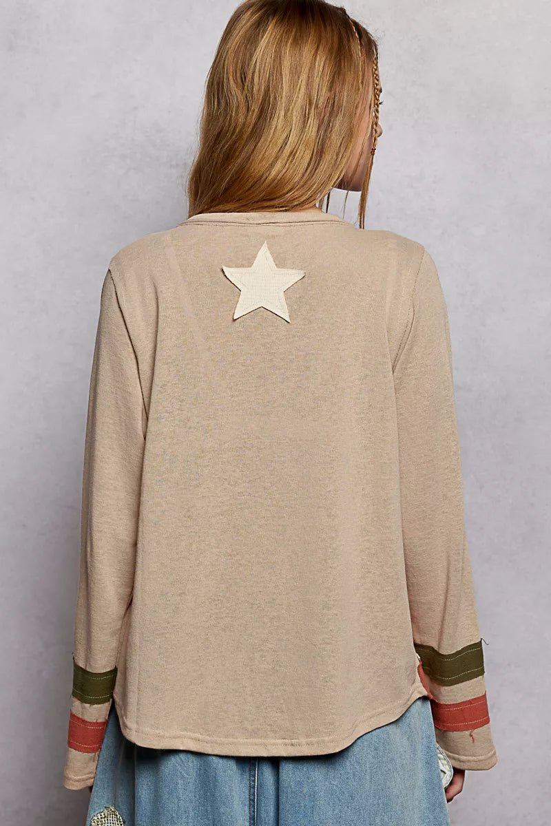 POL Double Gauze American Flag Patch V - Neck Long Sleeve T-Shirt - PBNJ FASHIONS