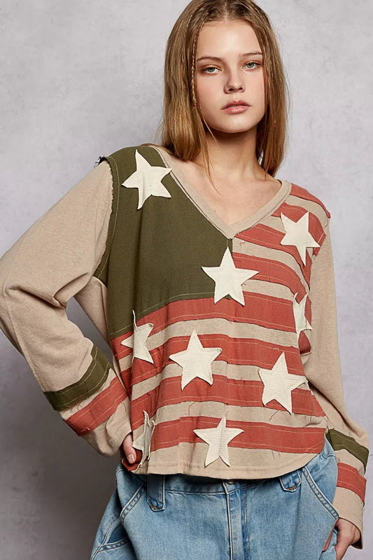 POL Double Gauze American Flag Patch V - Neck Long Sleeve T-Shirt - PBNJ FASHIONS