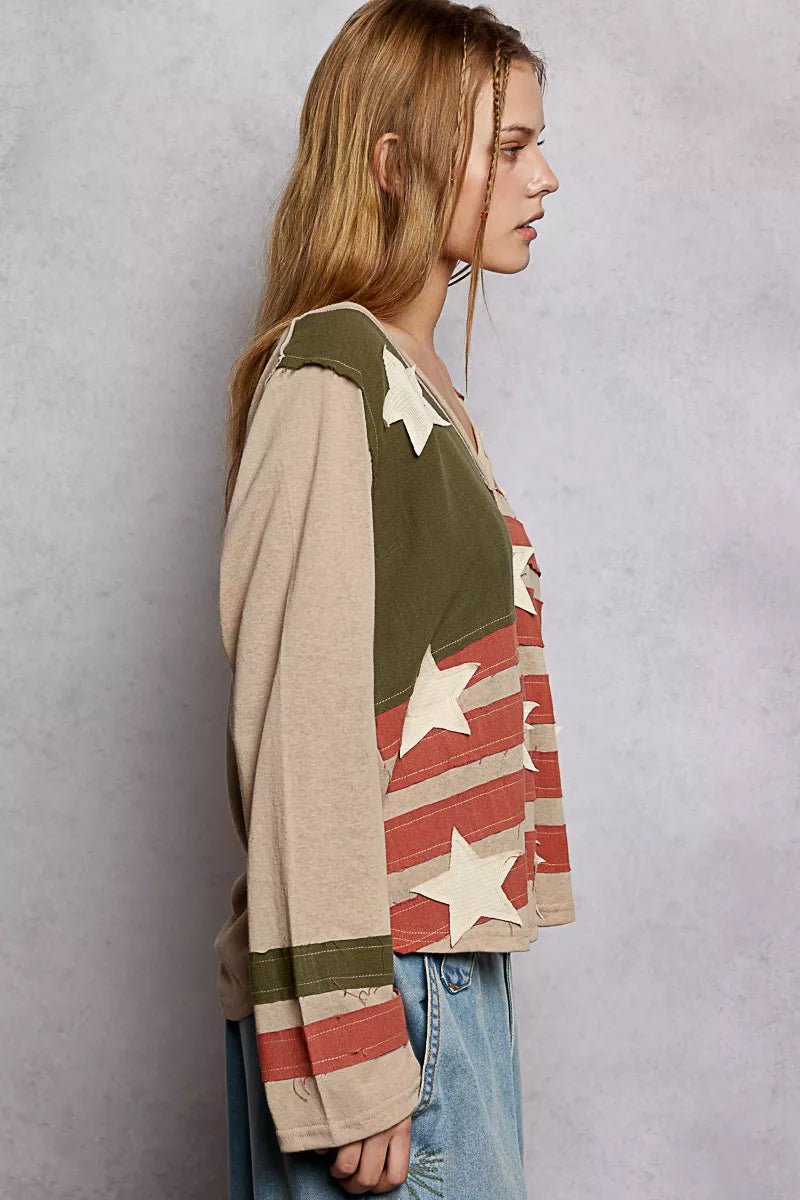 POL Double Gauze American Flag Patch V - Neck Long Sleeve T-Shirt - PBNJ FASHIONS