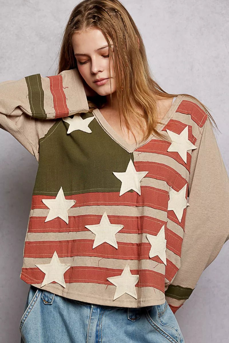 POL Double Gauze American Flag Patch V - Neck Long Sleeve T-Shirt - PBNJ FASHIONS