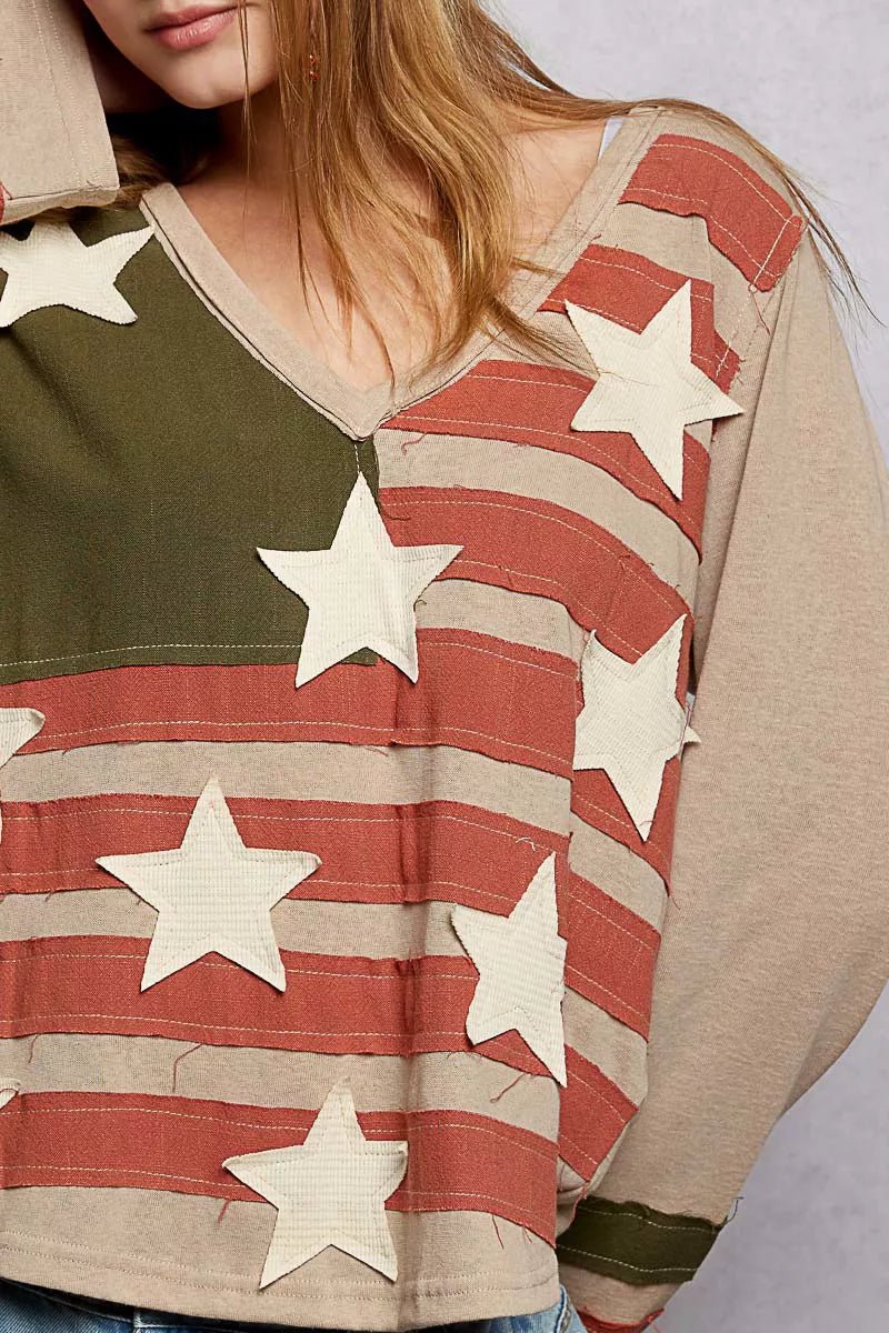 POL Double Gauze American Flag Patch V - Neck Long Sleeve T-Shirt - PBNJ FASHIONS