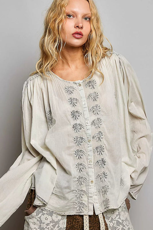 POL Embroidered Button Front Woven Shirt - PBNJ FASHIONS