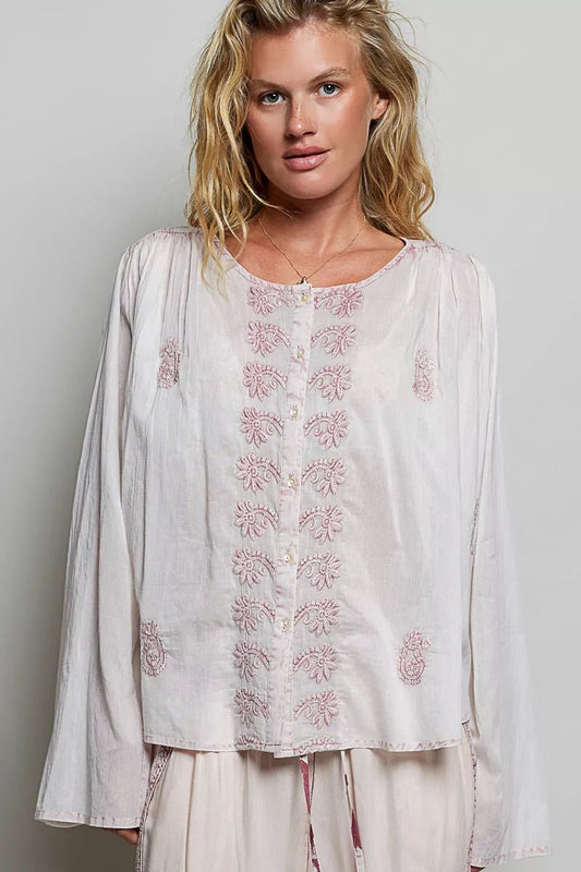 POL Embroidered Gathered Shoulder Long Sleeve Shirt - PBNJ FASHIONS