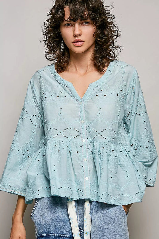 POL Eyelet Embroidery Peplum Button Front Cotton Shirt - PBNJ FASHIONS