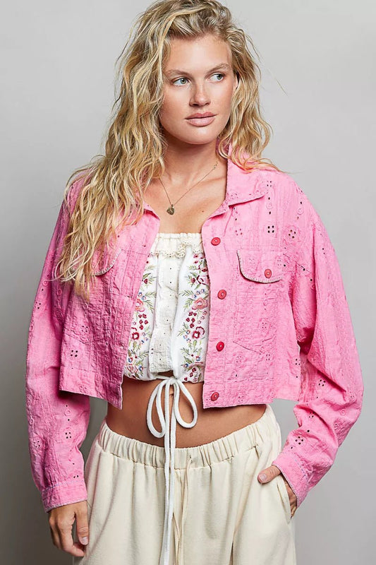 POL Eyelet Textured Cotton Cropped Button-Front Jacket - PBNJ FASHIONS