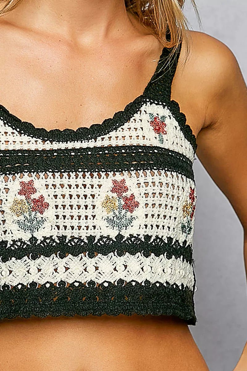 POL Floral Embroidered Cropped Crochet Cami with Scalloped Hem - PBNJ FASHIONS