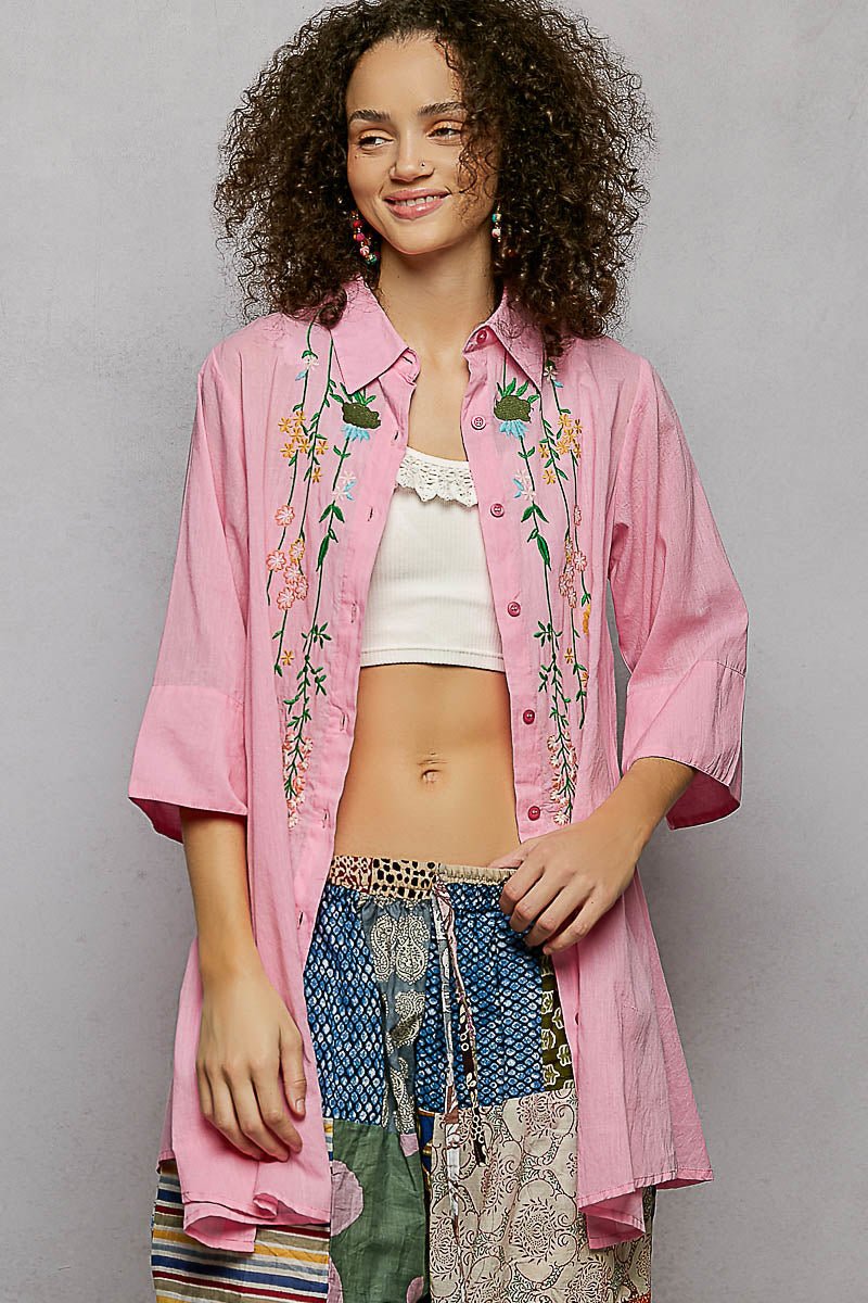 POL Floral Embroidered Half Sleeve Cotton Shirt - PBNJ FASHIONS