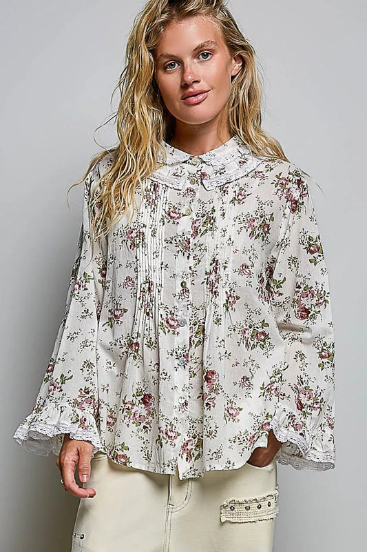 POL Floral Lace Trim Pintuck Button-Down Shirt - PBNJ FASHIONS
