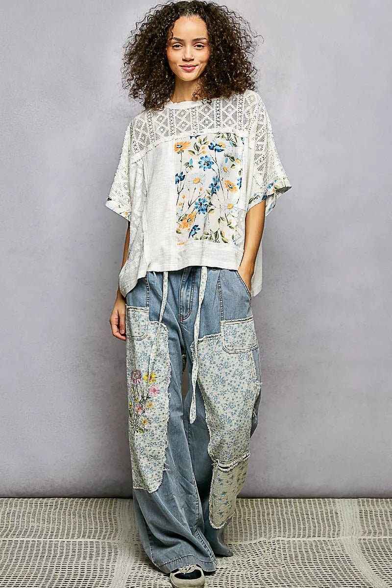 POL Floral Patchwork Lace Accent Blouse - PBNJ FASHIONS