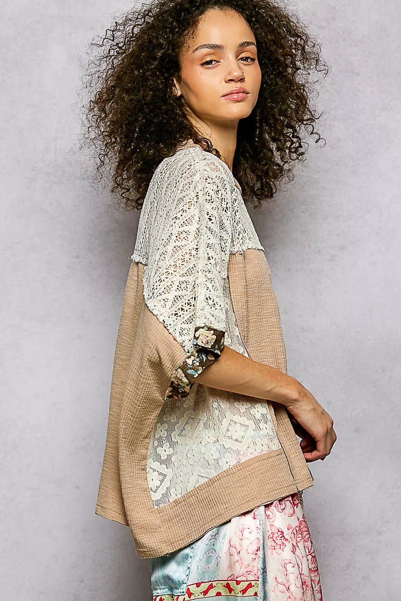 POL Floral Patchwork Lace Accent Blouse - PBNJ FASHIONS