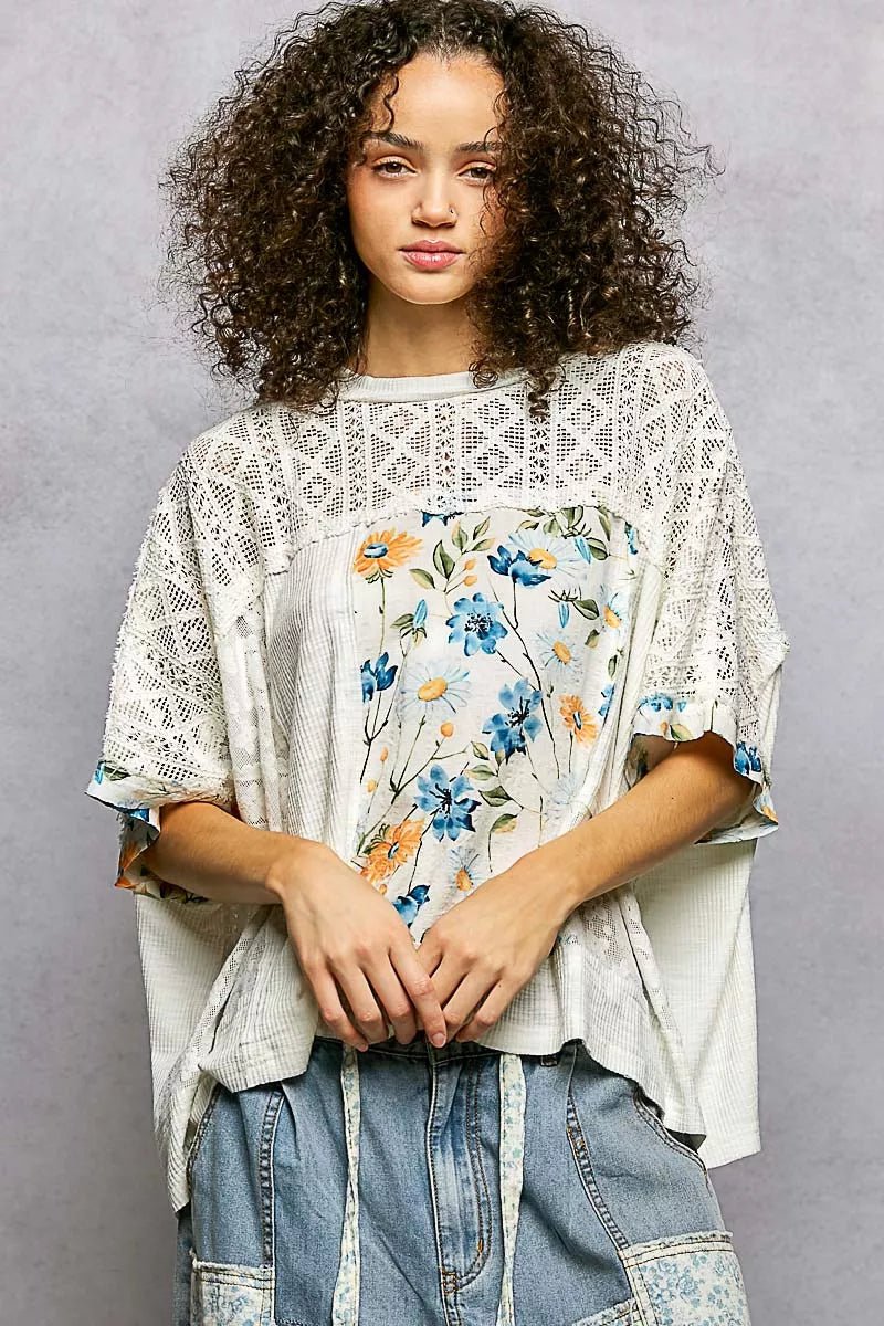 POL Floral Patchwork Lace Accent Blouse - PBNJ FASHIONS