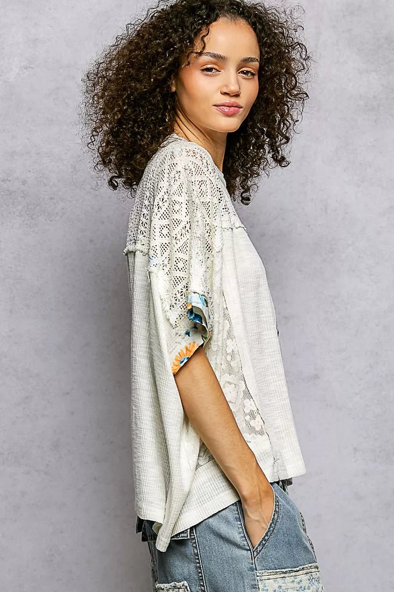 POL Floral Patchwork Lace Accent Blouse - PBNJ FASHIONS