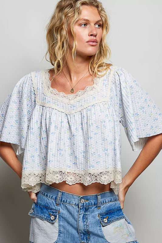 POL Floral Print Lace Trim Blouse - PBNJ FASHIONS