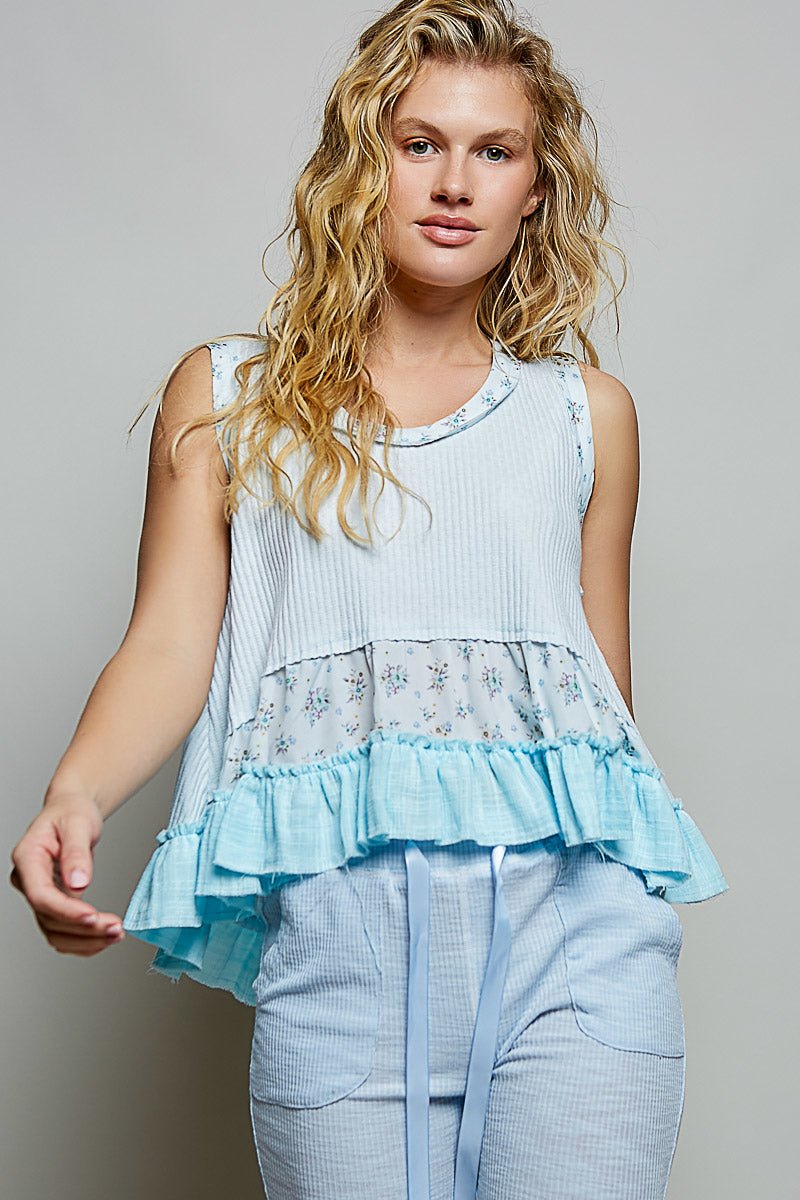 POL Floral Print Patche Round Neck Ribbed Tank with Double Gauze Ruffle Accents - PBNJ FASHIONS