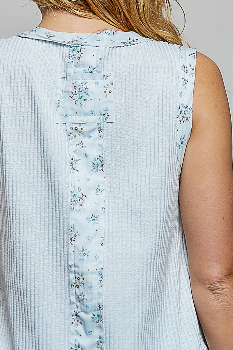 POL Floral Print Patche Round Neck Ribbed Tank with Double Gauze Ruffle Accents - PBNJ FASHIONS