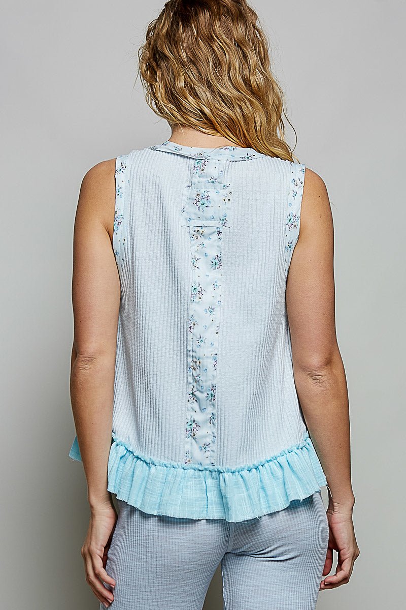 POL Floral Print Patche Round Neck Ribbed Tank with Double Gauze Ruffle Accents - PBNJ FASHIONS