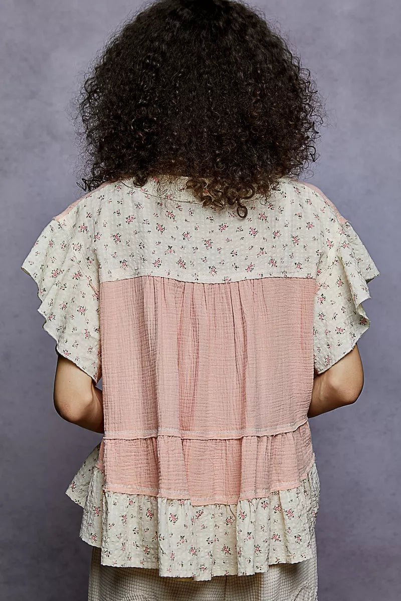 POL Floral V - Neck Short Sleeve Ruffled Double Gauze Blouse with Embroidery Detail - PBNJ FASHIONS