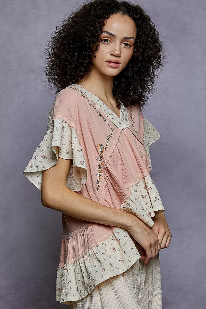 POL Floral V - Neck Short Sleeve Ruffled Double Gauze Blouse with Embroidery Detail - PBNJ FASHIONS
