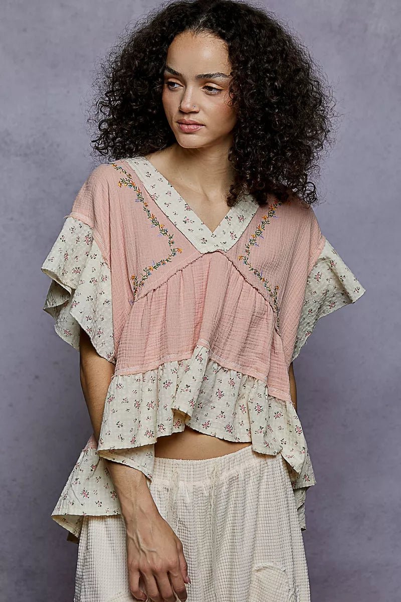 POL Floral V - Neck Short Sleeve Ruffled Double Gauze Blouse with Embroidery Detail - PBNJ FASHIONS